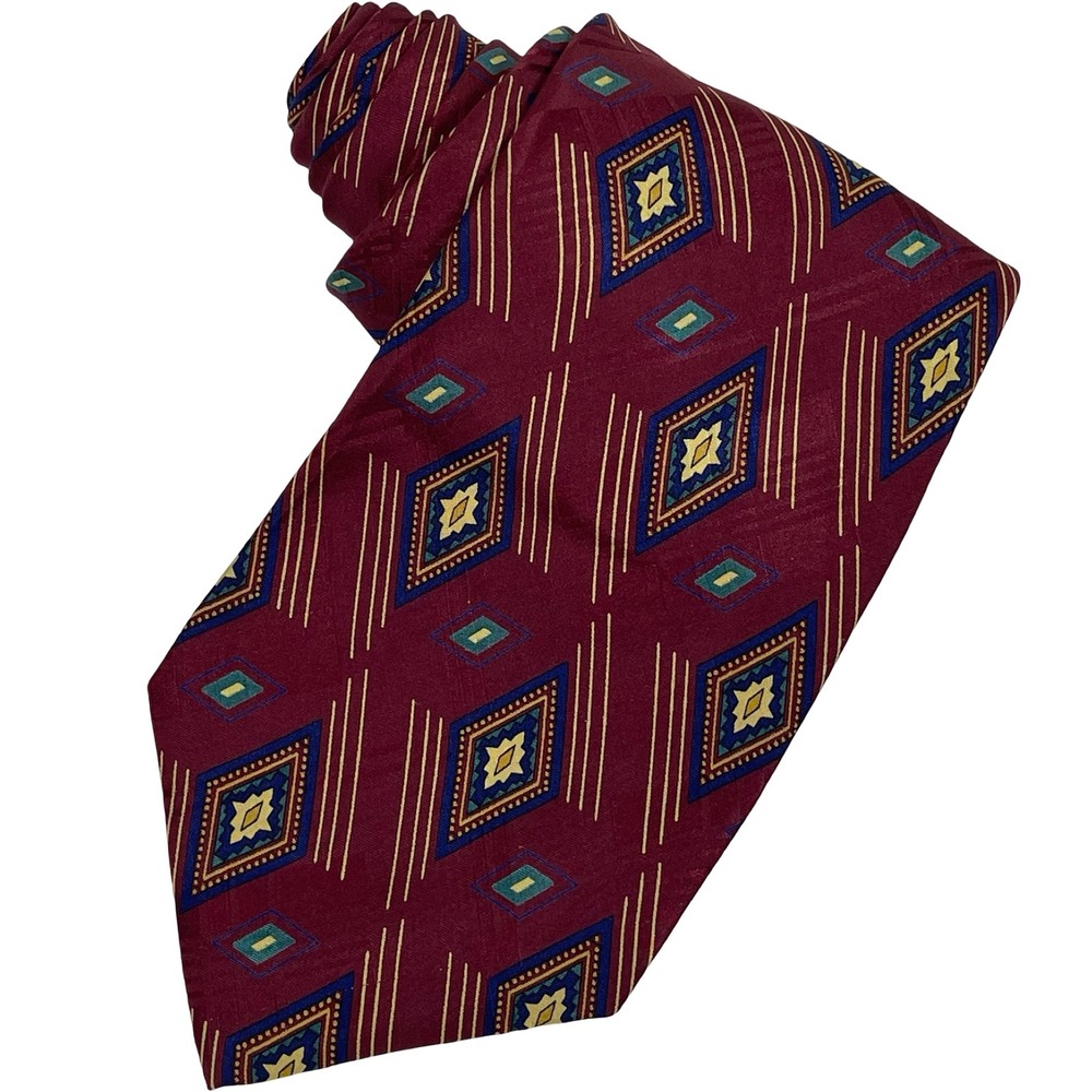Vtg Aquascutum Necktie Tie Men Burgundy Geometric Diamond Silk Handmade London